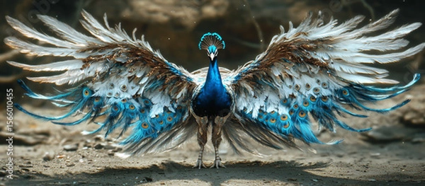 Fototapeta A peacock with spread wings, feathers in shades of blue and white, standing on the ground