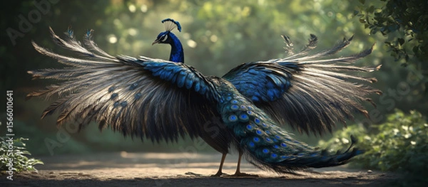 Fototapeta A peacock with spread wings, feathers in shades of blue and white, standing on the ground