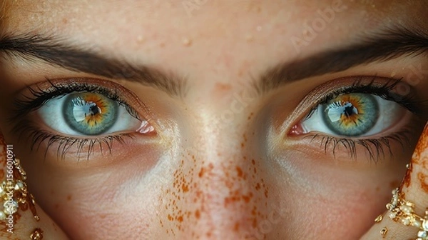Fototapeta Close up view of human eyes with freckled skin
