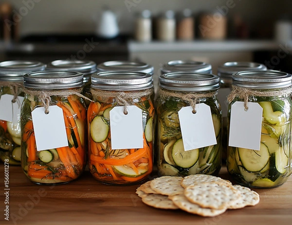 Fototapeta A photo of mason jars filled with pickled vegetables, carrots and zucchini in the foreground, and crackers made from garlic on an oak table, with white blank tags attached to each jar for labels