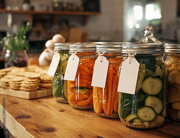 Fototapeta A photo of mason jars filled with pickled vegetables, carrots and zucchini in the foreground, and crackers made from garlic on an oak table, with white blank tags attached to each jar for labels