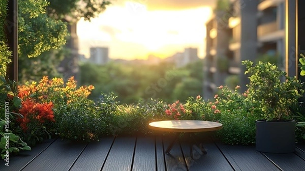 Fototapeta Modern balcony patio view with plants and table