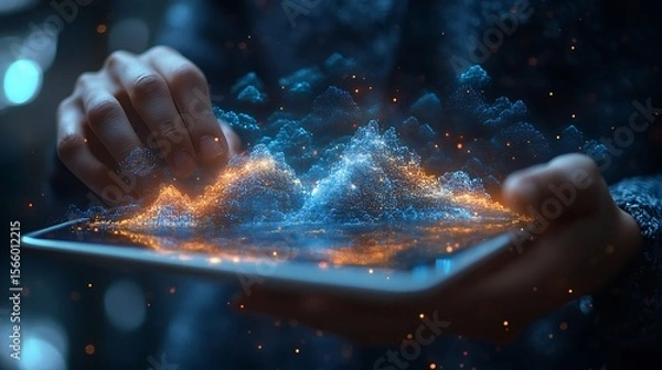 Fototapeta Hands interacting with digital landscape on tablet