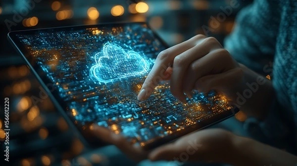 Fototapeta Hands interacting with holographic cloud on tablet