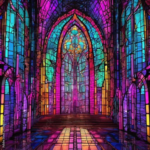 Fototapeta Surreal Neon Cathedral Macro View in Digital Collage Style