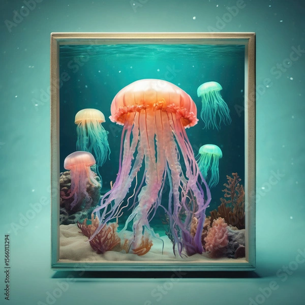 Fototapeta Surreal Bioluminescent Claymation Jellyfish Lagoon in Polaroid Style – Dreamlike Underwater Art