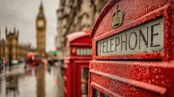 Fototapeta British telephone booth in London, rain