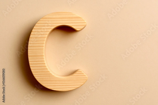 Fototapeta 3D Capital Wooden Letter C in Curved Modern Style Made of Light Pine Wood – Smooth Finish on Beige Background with Empty Space for Text, Design, or Mockup Use