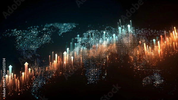 Fototapeta Abstract world map with rising arrow shapes in orange and blue on a dark background design