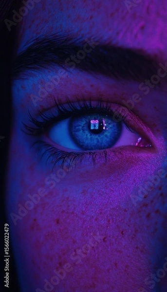 Obraz Vibrant human eye, illuminated with striking blue and purple lighting, capturing a digital reflection in the pupil, emphasizing connection.
