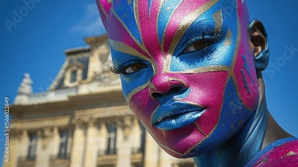 Obraz Stunning model with bold face paint, showcasing vibrant colors and artistic design against a blurred architectural backdrop.