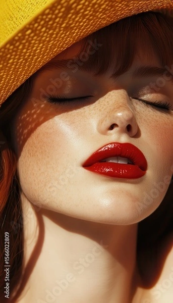 Obraz Sun-kissed beauty: A woman's serene close-up with radiant skin and striking red lips, basking in warm sunlight and shadow.