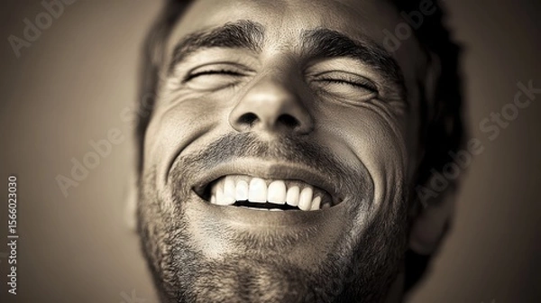 Obraz Man's Intense, Joyful Expression: A close-up in sepia tone captures a man in a moment of unrestrained happiness, eyes closed, wide smile.
