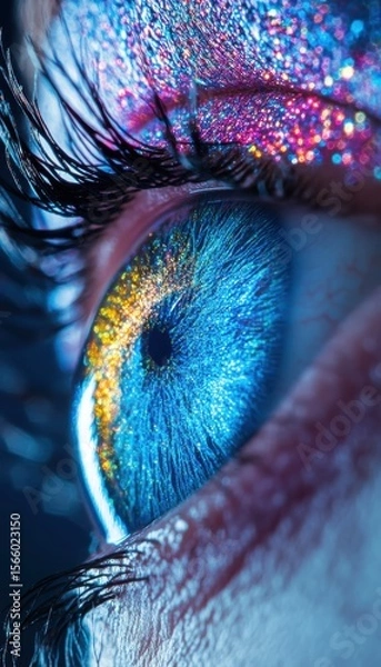 Obraz Close-up of a vibrant eye adorned with glittering, colorful makeup. The eye radiates beauty and artistry, a captivating visual experience.