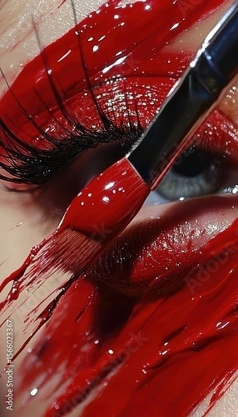 Obraz Striking image featuring a close-up of a person's eye and face adorned with vibrant red paint, showcasing artistic and bold expression.