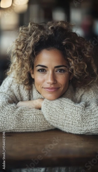 Obraz Portrait of woman with curly hair wearing a cozy sweater, resting her arms on a wooden table, looking directly at the camera. Warm and inviting.
