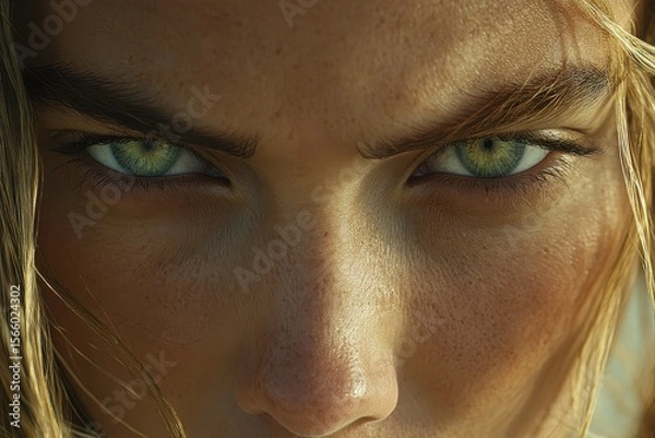 Obraz Intense gaze of a person with striking green eyes, captured in a close-up shot with warm lighting emphasizing skin texture.