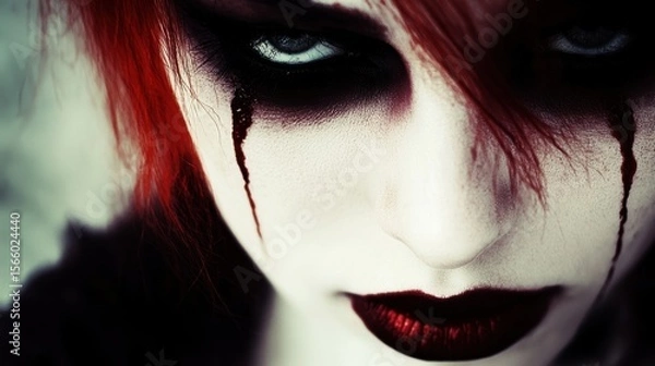 Obraz Close-up of a woman with dramatic dark makeup resembling tears, red hair, and a pale complexion, creating a gothic or theatrical aesthetic.