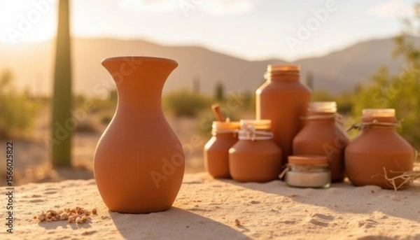 Fototapeta Rustic pottery collection displayed in desert landscape during golden hour near mountains and cacti