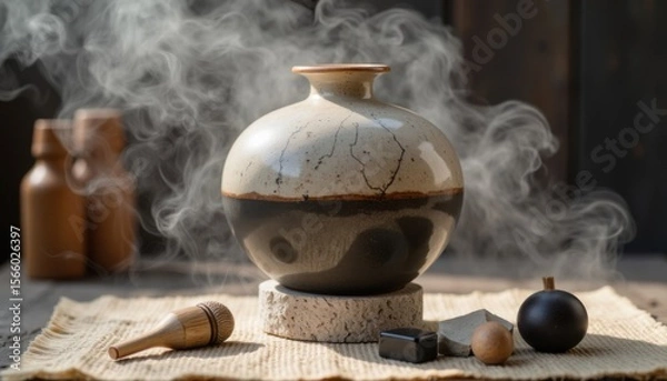 Fototapeta Traditional pottery vase with smoke and wooden tools set on a textured mat in a warm, rustic environment