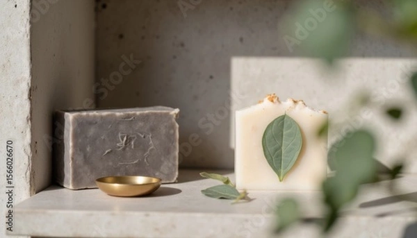 Fototapeta Handcrafted soap displayed on a minimalistic shelf with natural elements highlighting artisanal craftsmanship near a window