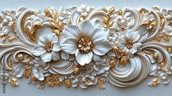 Obraz Elegant floral relief design featuring white flowers and gold accents on a soft background ideal for luxury design projects