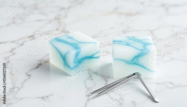 Fototapeta Unique blue and white marbled soap bars on a marble surface with a metal tool for cutting or shaping