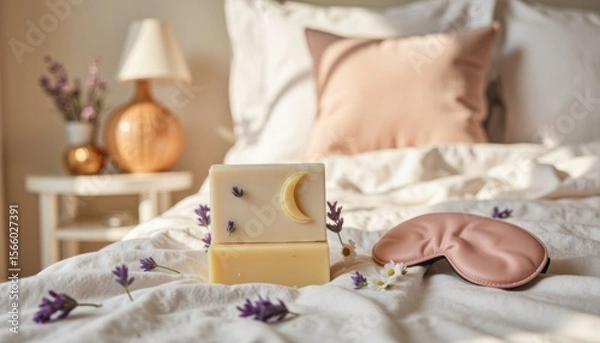 Fototapeta Relaxing bedroom setup with lavender soap and a sleep mask on a cozy bed