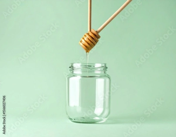 Fototapeta Honey Dripping From Wooden Dipper Above Glass Jar On Pastel Green Background Isolated Background