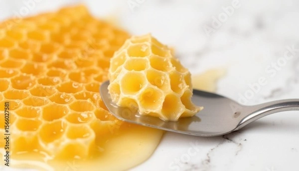Fototapeta Fresh honeycomb drizzles honey onto a silver spoon in a kitchen setting during the day