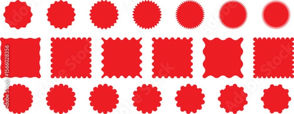 Fototapeta Red starburst sticker set. Special offer price tag. Price sticker, sale sticker, starburst, quality mark, retro silhouette. Sunburst retro sale badge, quality signs, sale icons. Zig zag Wavy Edge,