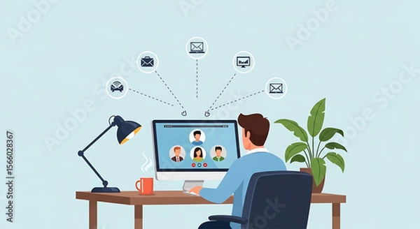 Fototapeta Man in Video Conference at Home Office Desk