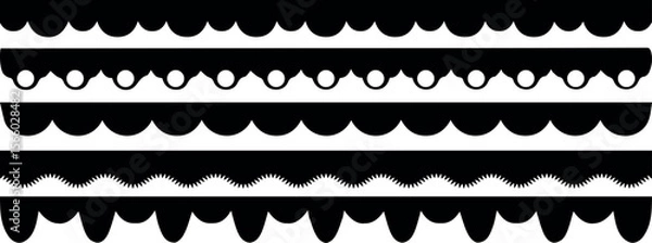 Fototapeta Scalloped edge seamless set. borders and dividers. Simple scalloped border. Repeat cute vintage frill ornament. Texture ribbons. Vector illustration isolated on white background.