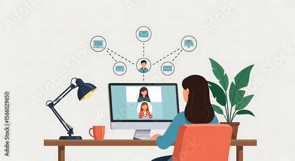 Fototapeta Woman in Blue Shirt Attending Video Call on Computer with Desk Lamp and Plant