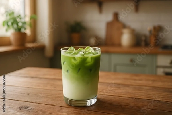 Fototapeta iced matcha latte served in a cozy kitchen setting with natural light and wooden textures