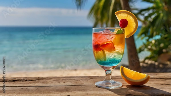 Fototapeta A colorful welcome drink served in a stylish glass, placed on a rustic wooden plank or table by the beach. The drink can include tropical elements such as fruit slices, mint leaves, or a cocktail  