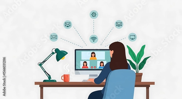 Fototapeta Woman in Blue Shirt Attending Video Conference on Computer at Desk