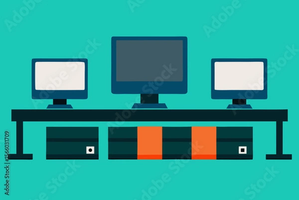 Obraz A Computer Lab Scene With Simple Monitors And Keyboards For A Fun School Tech Vibe