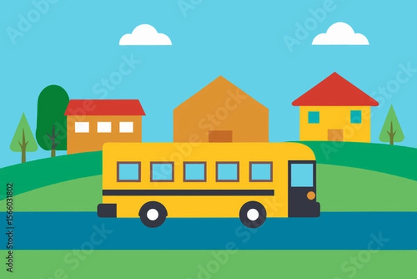 Obraz A School Bus Driving Through A Sunny Neighborhood Represented With Basic Shapes