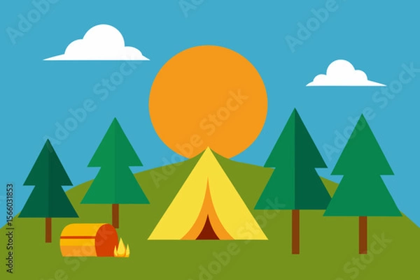 Obraz A Sunny Campsite Scene With Tents And A Simple Campfire For An Outdoor Adventure