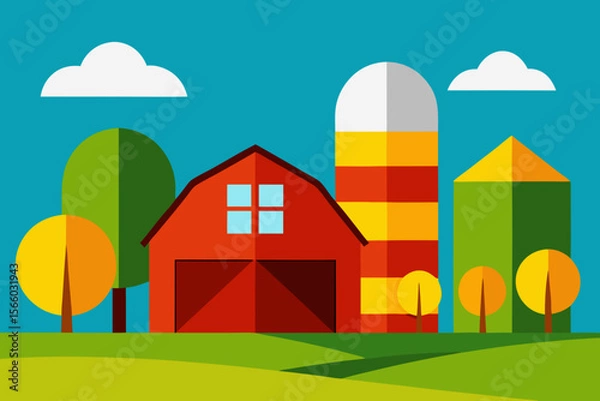 Obraz A Simple Farm Landscape With Basic Barns And Silos For A Clean And Rural Country Scene