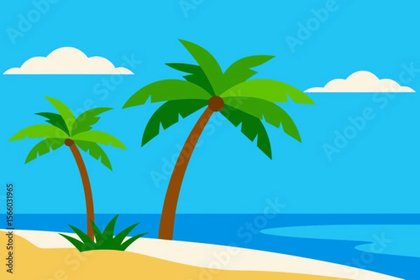 Obraz A Tropical Beach Scene With Tall Palm Trees And Clear Blue Water For A Vacation Vibe
