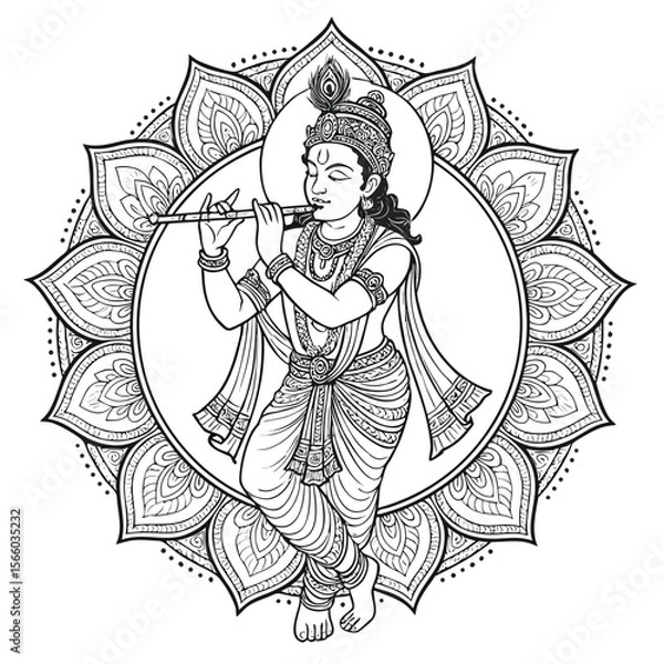 Obraz Line art of Lord Krishna playing the flute inside a detailed lotus mandala circle, traditional Indian spiritual illustration, black and white vector style.