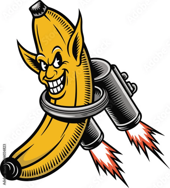 Obraz Evil Banana with Jetpack Cartoon Illustration