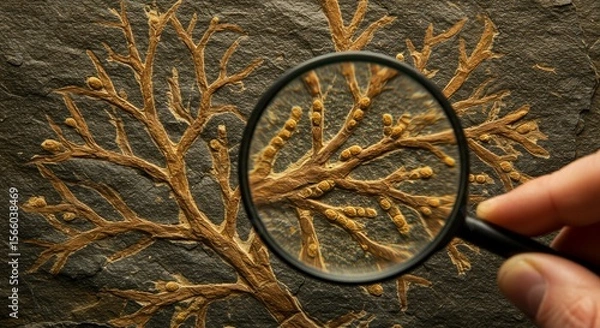 Fototapeta Photo of a fossilized plant viewed through a magnifying glass