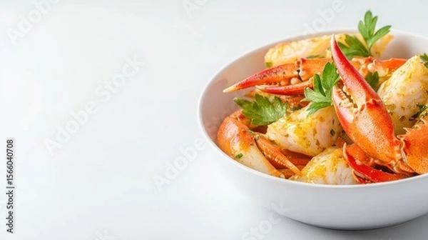 Fototapeta Steamed crab legs and claw meat dressed with herb butter sauce are beautifully presented in a white bowl on a clean white background for culinary delight.