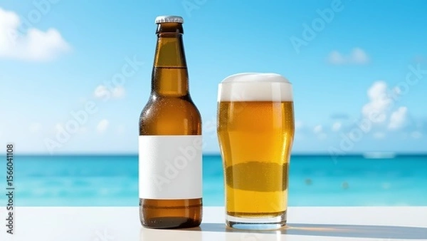Fototapeta A beer bottle with a blank white label and a full glass of cold lager sit on a table at a tropical beach. An ideal product mockup for beverage branding against a beautiful summer sea back