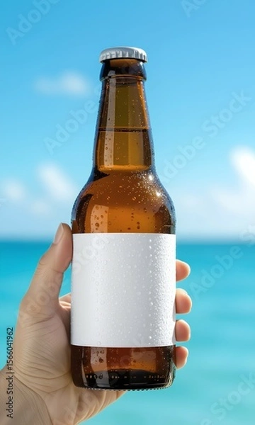 Fototapeta A hand holds a cold, wet beer bottle with a blank white label against a beautiful tropical ocean and sky background. An ideal product mockup for summer beverage branding and advertising.
