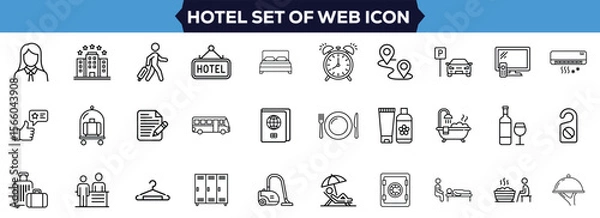 Fototapeta Hotel and Resort Icons Set Hospitality Services, Vacation, Travel, Relaxation, and Accommodation Symbols for Web and Mobile Apps, Editable Stroke Vector Illustration Design