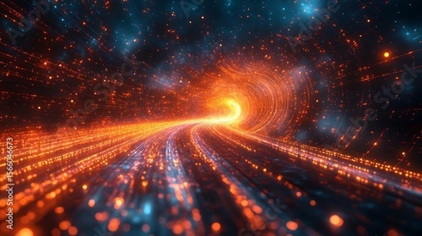 Obraz Abstract digital tunnel with glowing particles